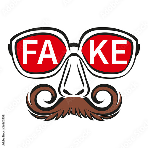 Fake face mask with glasses and mustache icon. Person hiding true face. Concept incognito, spreading false info and propaganda in media, deception, spreading lies. Flat vector sign for news website.
