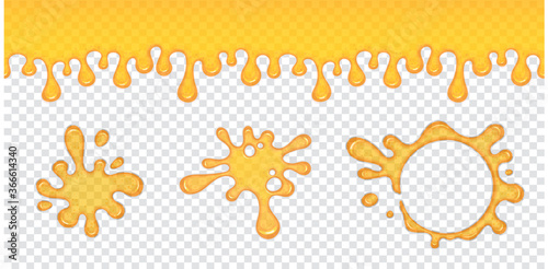 transparent Honey blots and splash on a transparent background, dripping and flows honey liquid. Isolated on a white background, Vector illustration.