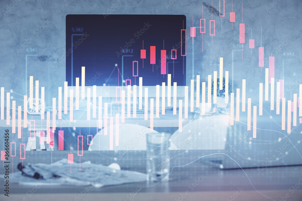 Multi exposure of financial graph drawing and office interior background. Concept of market analysis. Multi exposure of financial graph drawing and office interior background. Concept of market analysis.