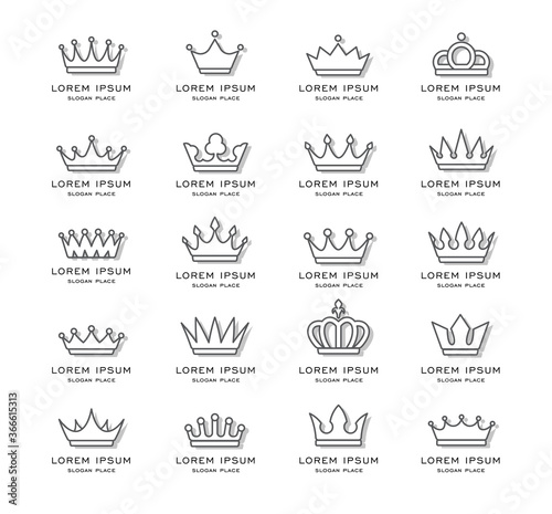 Set of royal gold crowns, icons and logos. Isolated luxury logo for branding, label, hotel, graphic design. Collection logos of crowns for royal persons, king, queen, princess. Vector Illustration