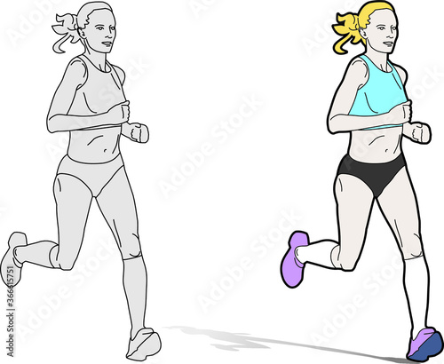 Vector drawing of a female long distance runner. Sportswoman at marahon run.