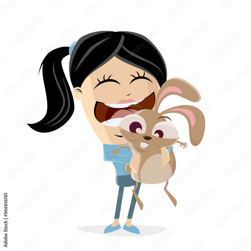 funny cartoon illustration of an asian girl cuddling a bunny
