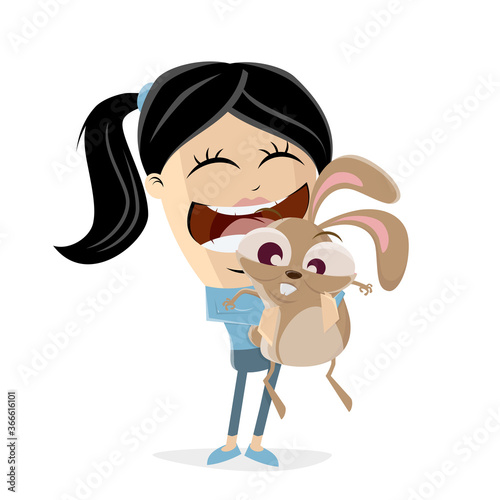 funny cartoon illustration of an asian girl cuddling a bunny