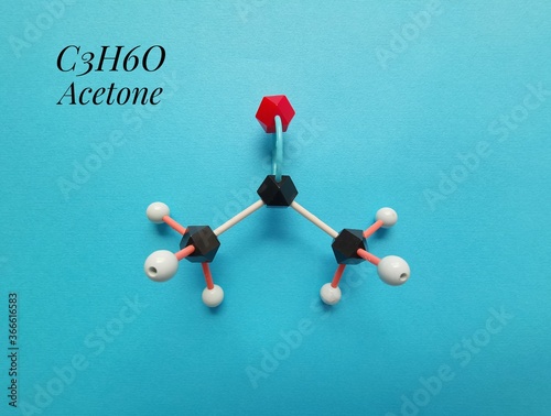 Molecular structure model and chemical formula of acetone molecule. Acetone (propanone) is the simplest ketone, and an organic solvent used in nail polish remover. Black=C, red=O, white=H. photo