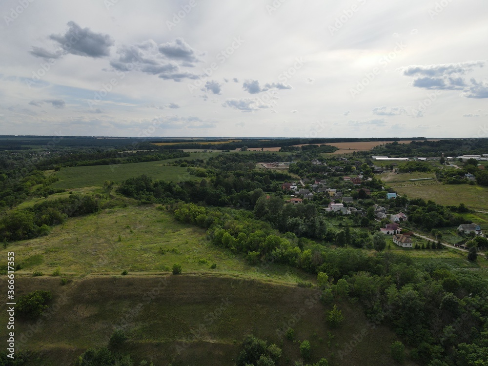 Aerial view of rural summer landscape and village