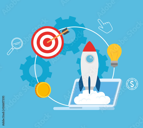 business start up concept, banner, business object startup process, laptop with rocket and business icons