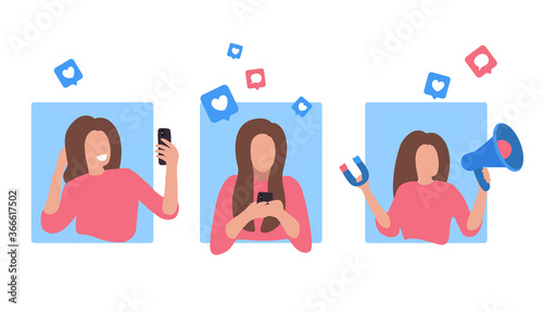 Vector illustration Influence marketing.Online engagement communication business or digital customer research process .creating content and sharing it on a social network. Girl blogger takes a selfie.