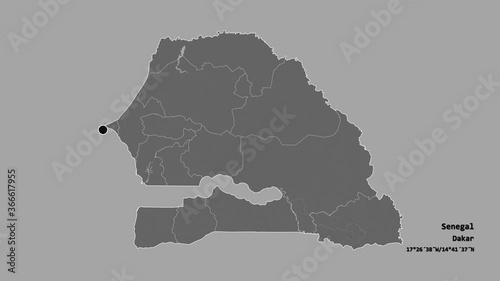 Kaffrine, region of Senegal, with its capital, localized, outlined and zoomed with informative overlays on a bilevel map in the Stereographic projection. Animation 3D photo