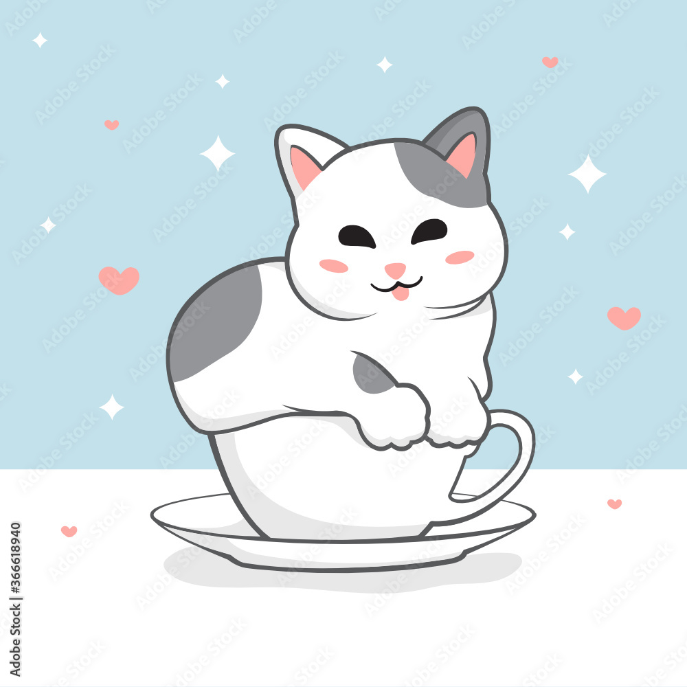 cat and heart in cup coffee,idea for greeting card,child stuff print cat and heart in cup coffee,idea for greeting card,child stuff print