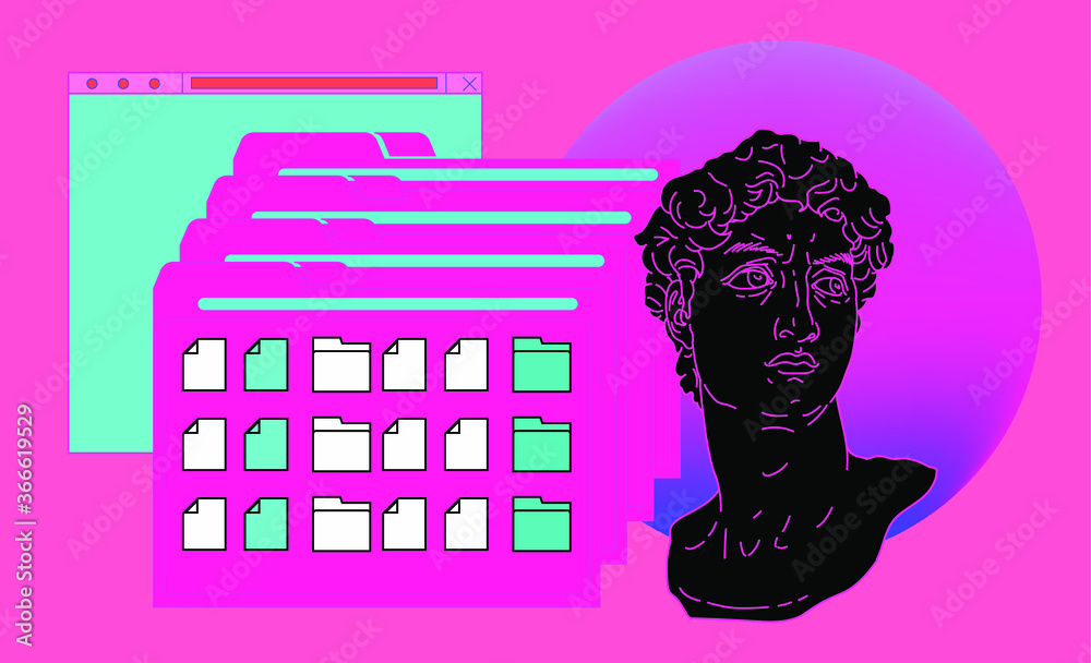 Retrofuturistic vector illustration of user interface in cartoon anime