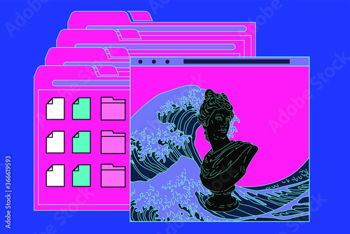 Cyberpunk style collage with user interface elements, gypsum bust and picture of ocean waves. Conceptual vector illustration of virtual reality and the internet surfing.