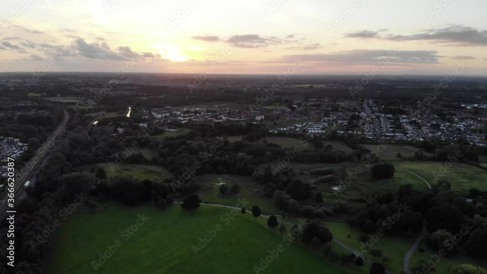 Aerial view of a sunset over Haslam Park in Preston Aerial view of a sunset over Haslam Park in Preston