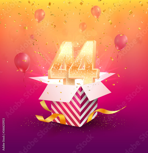 44 th years anniversary vector design element. Isolated forty four years jubilee with gift box, balloons and confetti on a bright background.  photo