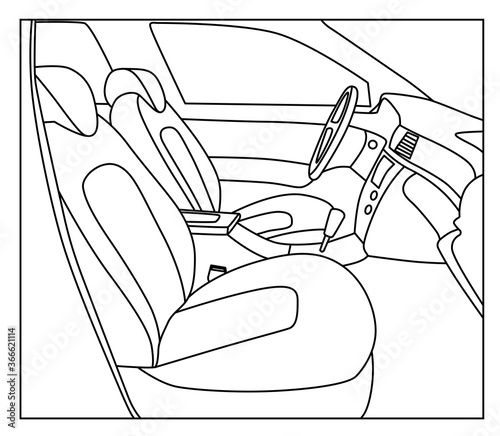 Seats of a car, interior view. Car driver seat. Sketch line black and white vector illustration.