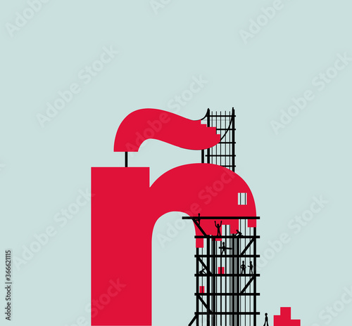 Workers silhouettes working between scaffolds and building a letter ñ of Spanish alphabet. Conceptual vector illustration.