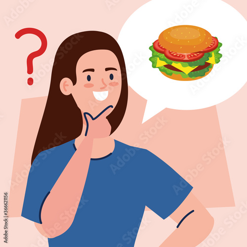 thoughtful woman, woman thinking what to eat