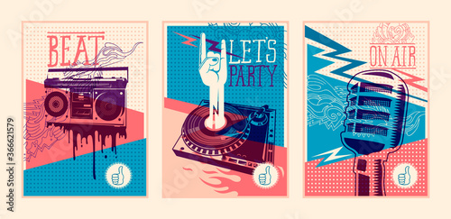 Set of artistic party posters in retro style design. Vector illustration.