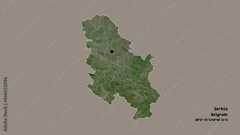 Jablanički, district of Serbia, with its capital, localized, outlined and zoomed with informative overlays on a satellite map in the Stereographic projection. Animation 3D Jablanički, district of Serbia, with its capital, localized, outlined and zoomed with informative overlays on a satellite map in the Stereographic projection. Animation 3D