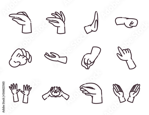 gestures with hands line style icon set vector design