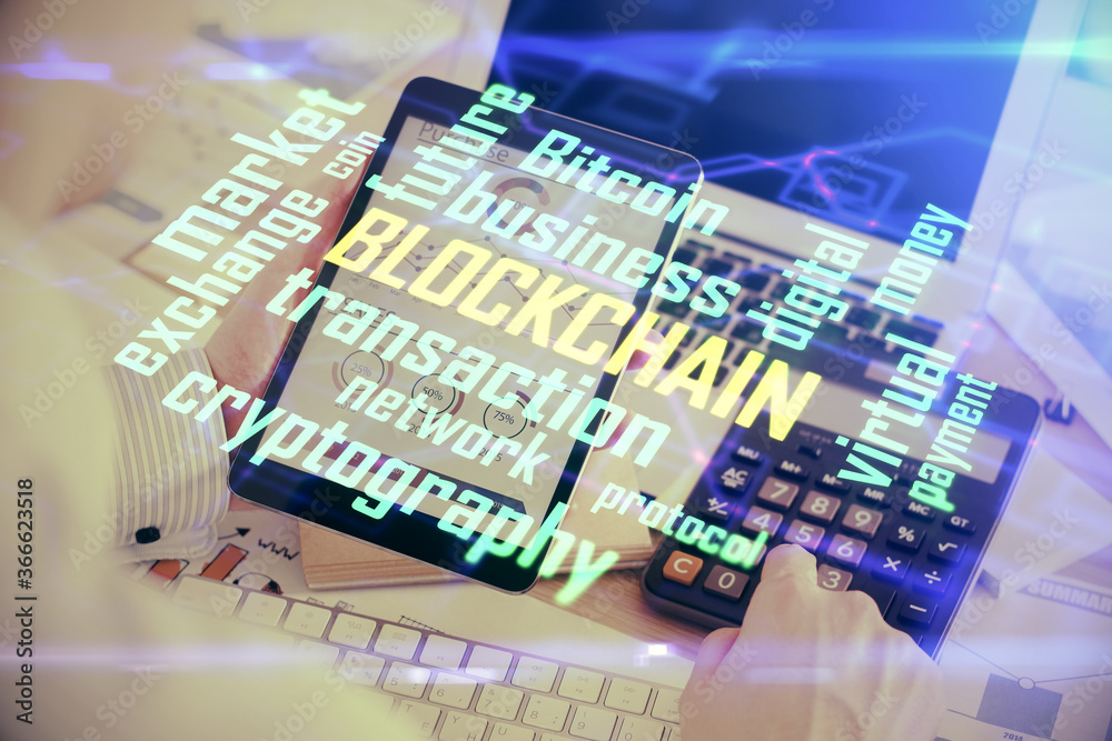 Double exposure of man's hands holding and using a phone and crypto currency blockchain theme drawing. Double exposure of man's hands holding and using a phone and crypto currency blockchain theme drawing.