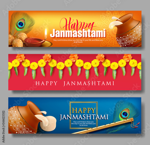 Horizontal greeting banners for Hindu festival Krishna Janmashtami (birth of Lord Krishna). Vector set. 