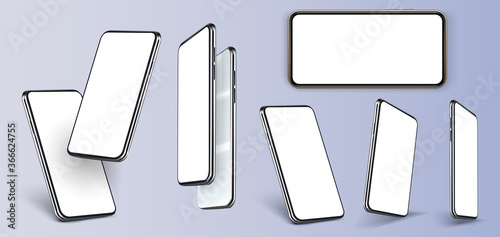 Smartphone frameless blank screen, rotated position. Smartphone from different angles. Mockup generic device. UI, UX smartphones set. Template for infographics or presentation 3D realistic phones