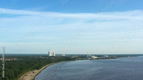 Wallpaper Mural Smoking cooling towers at power plant near gulf. Aerial view from copter Torontodigital.ca