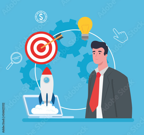 business start up concept, banner, business object startup process, businessman with rocket and business icons