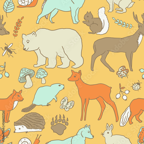 Hand Drawn seamless pattern of cute woodland animals an and plants. Whimsical design for stationery, wallpapers, textiles, and more.