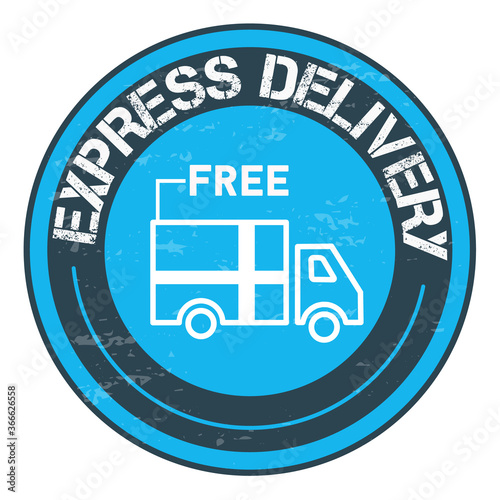 Free delivery stamp. Blue round sticker with Express delivery. 