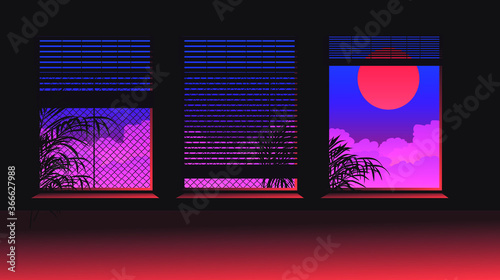 Dark ambient room. The window overlooks the landscape with sunset above the clouds. Scene in cartoon or anime style.