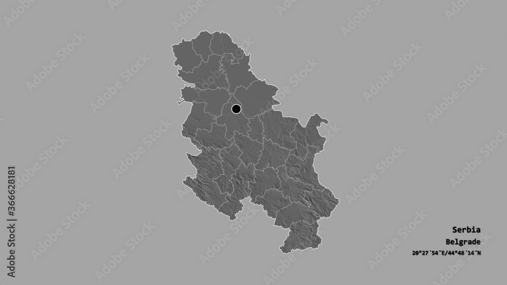 Srednje-Banatski, district of Serbia, with its capital, localized, outlined and zoomed with informative overlays on a bilevel map in the Stereographic projection. Animation 3D