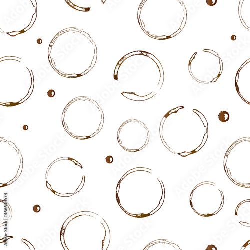Coffee stains and drops on white seamless pattern. Brown shape of coffee cup bottom rings and splashes isolated on white. Grunge circles and splatter. Vector background for cafe or restaurant menu