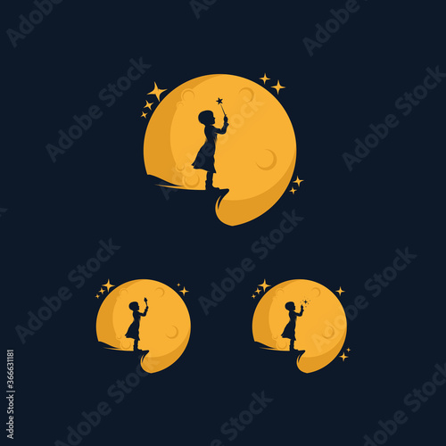 Little girl reach star logo with moon symbol