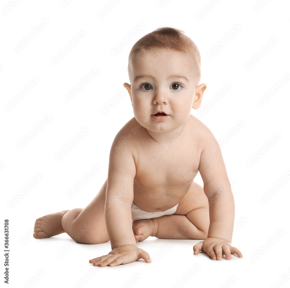 Cute little baby in diaper on white background Cute little baby in diaper on white background