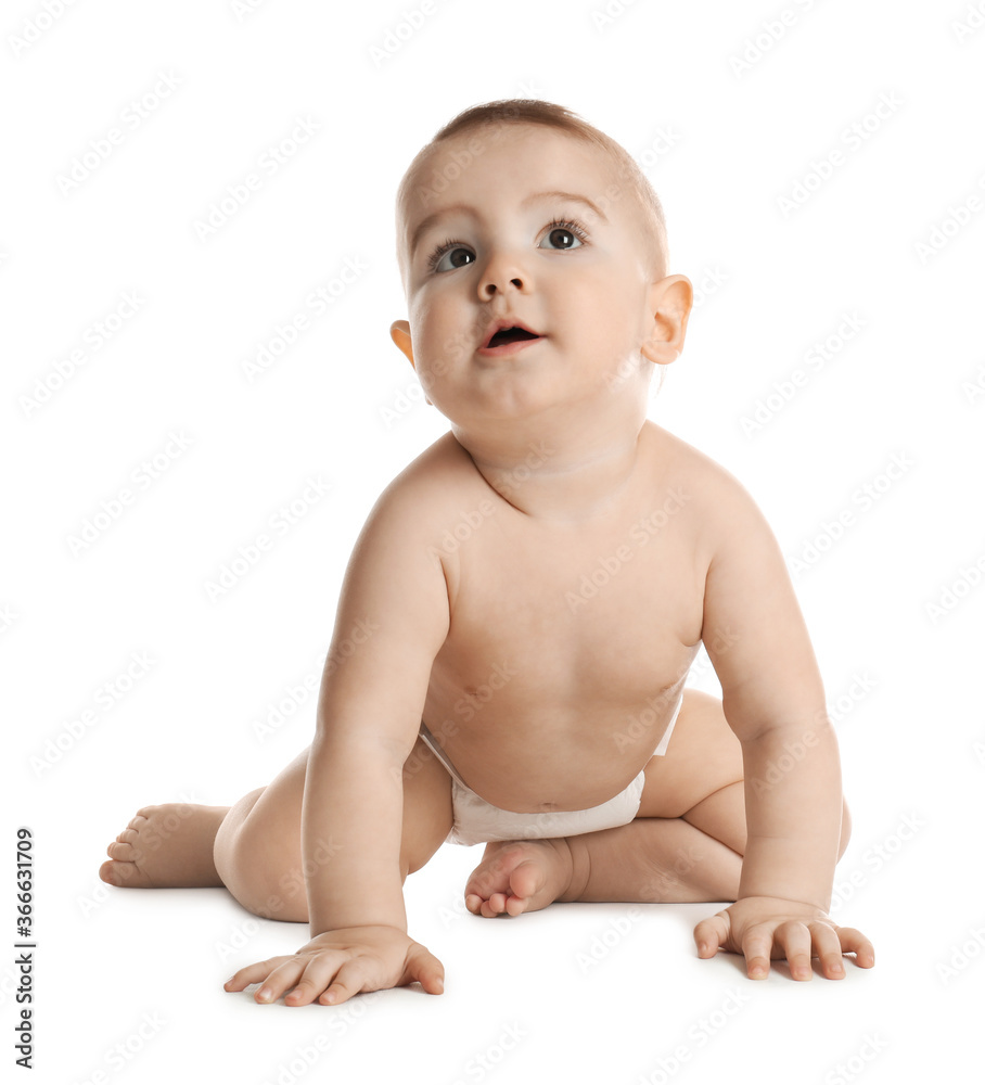 Cute little baby in diaper on white background Cute little baby in diaper on white background