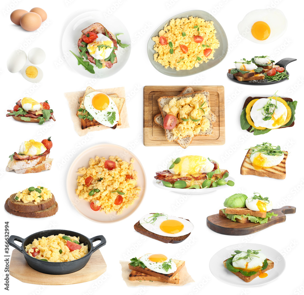 Set of different egg dishes on white background Set of different egg dishes on white background