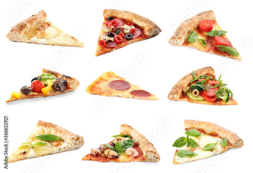 Set with slices of different pizzas on white background