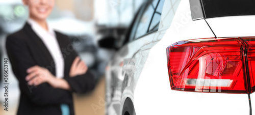 Customer choosing and buying car in auto dealership, focus on new auto. Banner design