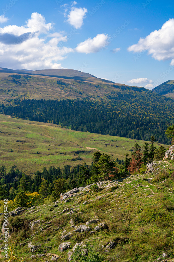 Long shot vertical view of mountain landscape with rocks and trees in the foreground Long shot vertical view of mountain landscape with rocks and trees in the foreground