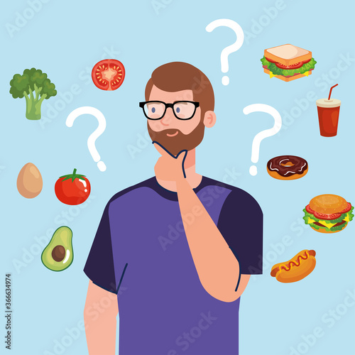 man choosing between healthy and unhealthy food, fast food vs balanced menu