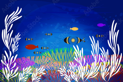 Colorful aquarium coral reef algae aquatic marine life tropical plants and fishes in ocean water painted artwork vector picture image banner background template 
