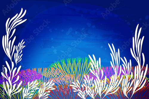 Colorful aquarium coral reef algae aquatic marine life tropical plants in the ocean water painted artwork vector picture image banner background template 
