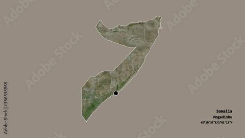 Awdal, region of Somalia, with its capital, localized, outlined and zoomed with informative overlays on a satellite map in the Stereographic projection. Animation 3D photo