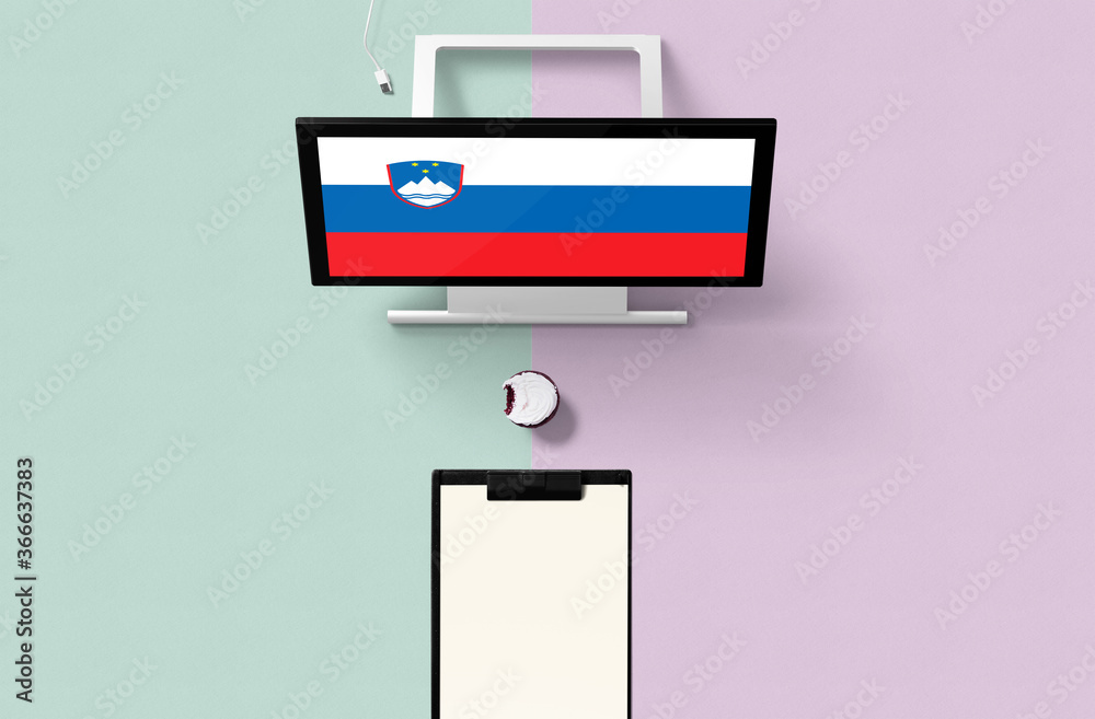Slovenia national flag on computer screen top view, cupcake and empty note paper for planning. Minimal concept with turquoise and purple background. Slovenia national flag on computer screen top view, cupcake and empty note paper for planning. Minimal concept with turquoise and purple background.