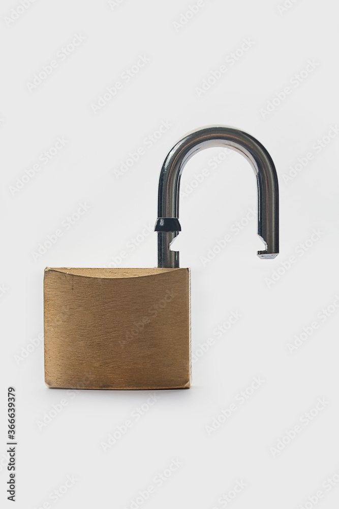 open metal padlock on white surface, front view open metal padlock on white surface, front view