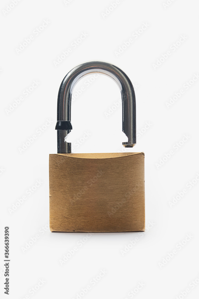 open metal padlock on white surface, front view open metal padlock on white surface, front view