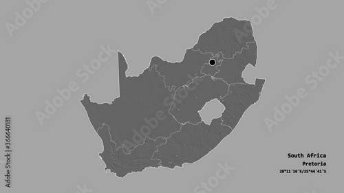 North West, province of South Africa, with its capital, localized, outlined and zoomed with informative overlays on a bilevel map in the Stereographic projection. Animation 3D photo