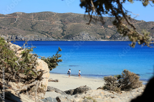 Blue lagoon kedrodasos beach creta island rocky cost clear waters covid-19 season holidays modern background high quality print