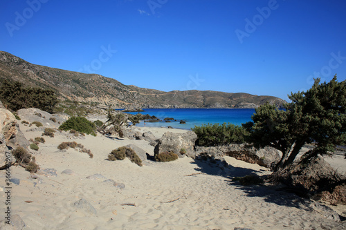 Blue lagoon kedrodasos beach creta island rocky cost clear waters covid-19 season holidays modern background high quality print photo